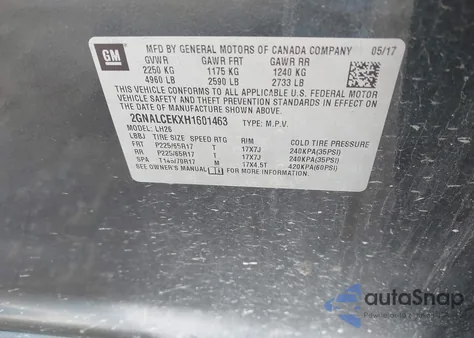 2017 Chevrolet Equinox Lt z USA, uszkodzony, nr VIN 2GNALCEKXH1601463